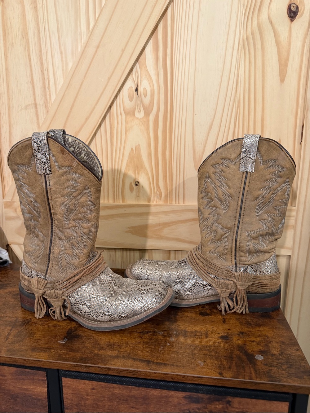 Laredo Taupe and Metallic Snakeskin Heeled Western Boots